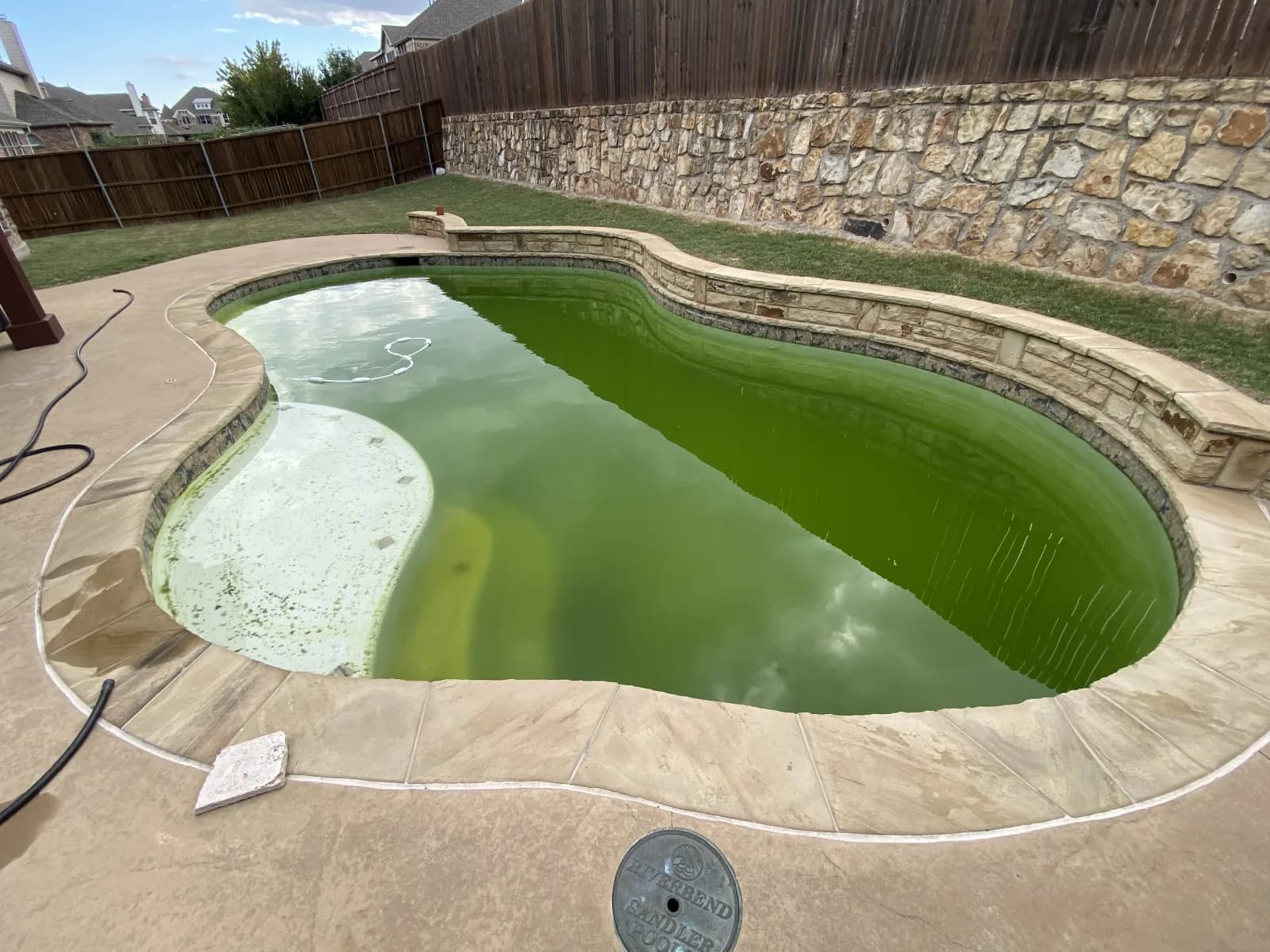 A pool full of opaque green water, its steps barely visible, with a stone retaining wall and wooden fence behind